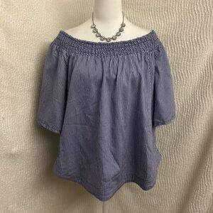 7th Ave NY & Co XL Off Shoulder Shirt Navy White Stripe High Low Floaty Top